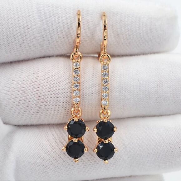 18K Gold Plated  Black Mystic Topaz Long Dangle Earrings - Picture 1 of 14